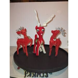 Vintage Mid-century Red Velvet And Red Flocked Reindeer